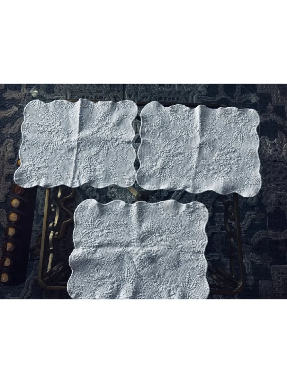 3 Vintage Portuguese Cotton Placemats Set Scalloped Edge European Cottage Decor
